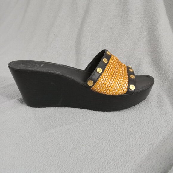 TORY BURCH Straw/Leather JOANIE Studded PLATFORM WEDGE SANDALS US 8.5 Logo s7155 - Picture 8 of 16